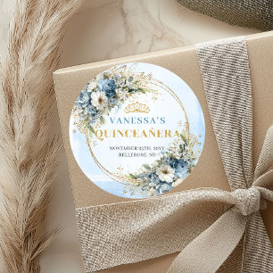 Boho Graceful Pale Blue Gold Greenery Quinceañera Classic Round Sticker