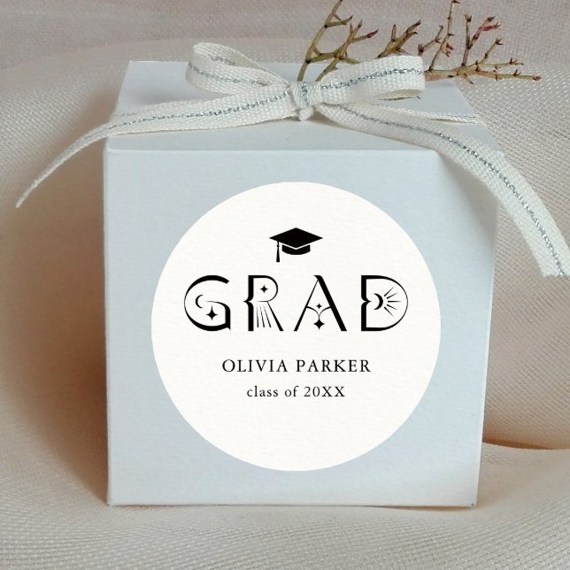 Boho GRAD Typography White Classic Round Sticker (Creator Uploaded)