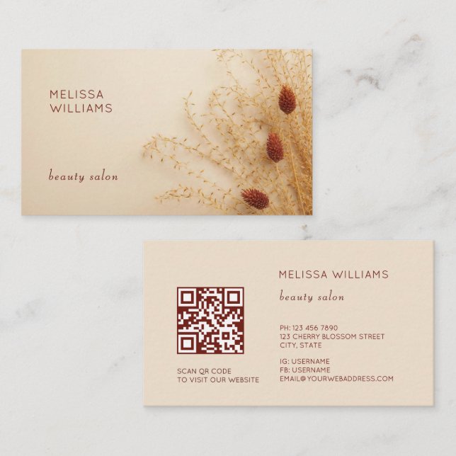 Boho Grass 3D Earthy Tones Floral Business Card (Front/Back)