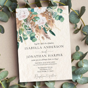 Boho Green and Beige Eucalyptus Pampas Wedding Invitation