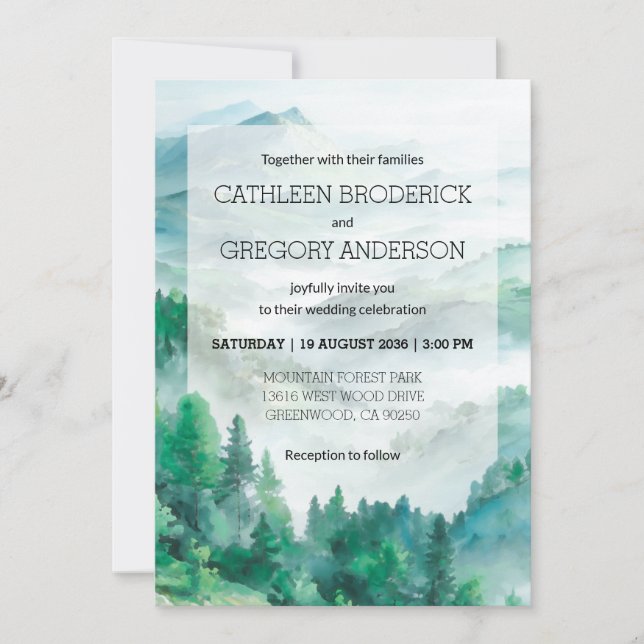 Boho Green and Blue Watercolor Forest Wedding Invitation (Front)