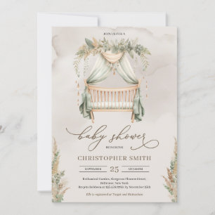 Boho green and brown pampas grass baby crib invitation