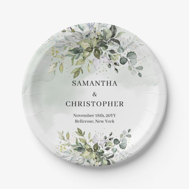 Boho green and gold eucalyptus foliage chic paper plate (Front)