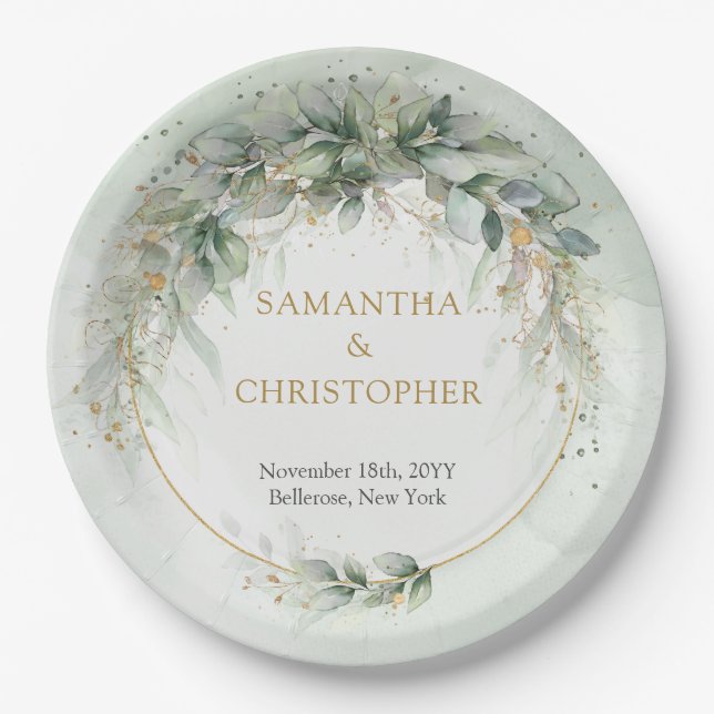 Boho green and gold eucalyptus foliage chic paper plate (Front)
