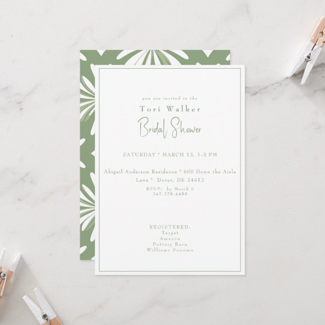 Boho Green and White Bridal Shower Invitation (Front/Back In Situ)