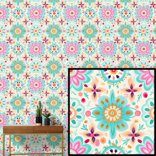 Boho Green Aqua Pink Flowers Abstract Floral Wallpaper