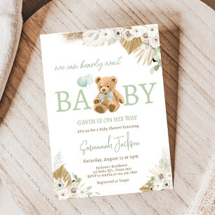 Boho Green Bear Baby Shower  Invitation