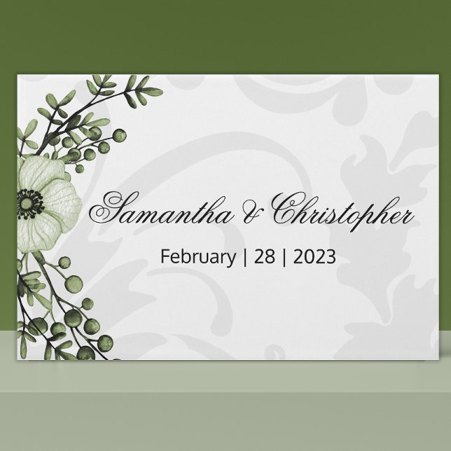 Boho Green Berries and Grey Damask Wedding Guest Book (Creator Uploaded)