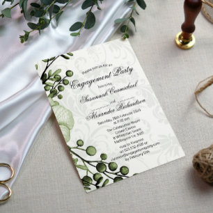 Boho Green Berry Wreath Damask Engagement Invitation