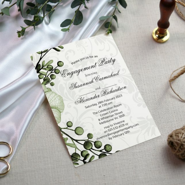 Boho Green Berry Wreath Damask Engagement Invitation (Creator Uploaded)