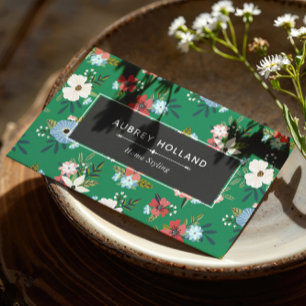 Boho Green Blue Coral Floral Pattern Business Card