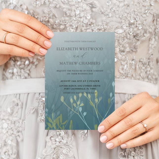 Boho Green Blue & Yellow Pressed Foliage Wedding   Invitation (Creator Uploaded)