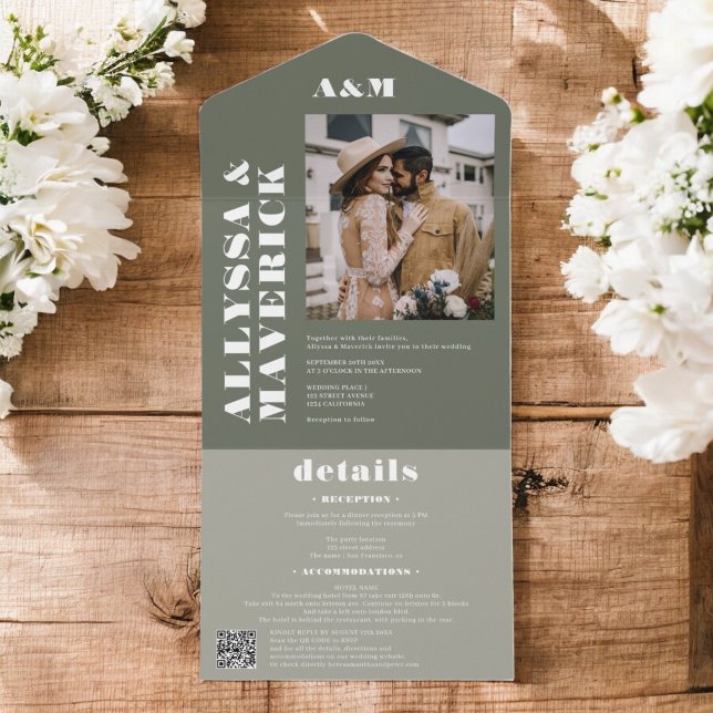 Boho green Bold simple monogram photo wedding All In One Invitation (Boho green Bold simple monogram photo wedding All In One Invitation)