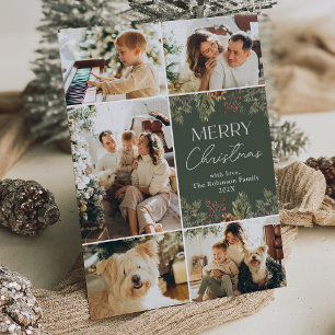 Boho Green Botanical Family Photo Christmas Card