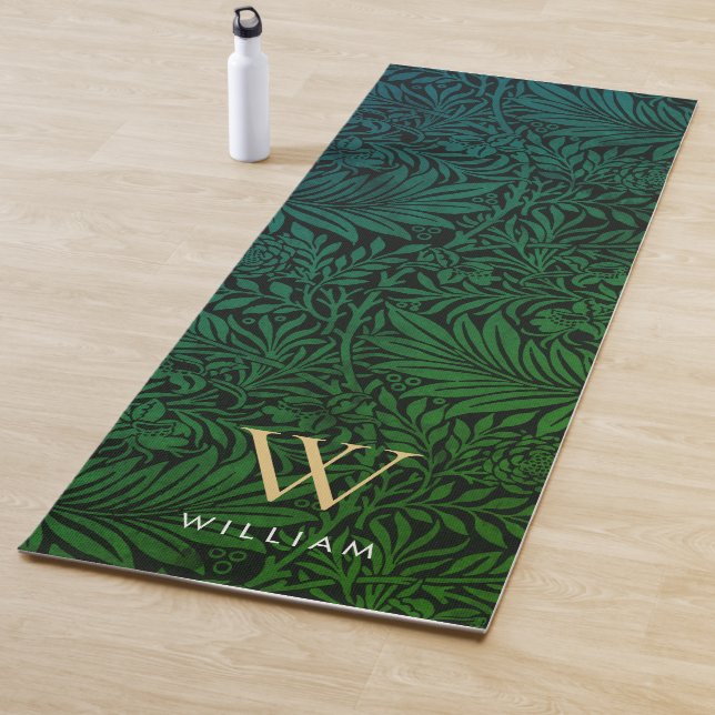 Boho Green Botanical Gold Monogram Name Yoga Mat (In Situ)
