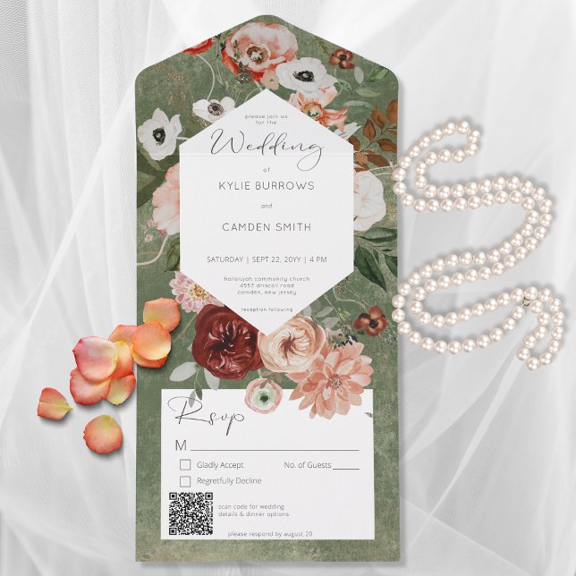 Boho Green Burgundy Fall Floral QR Code All In One Invitation (Creator Uploaded)