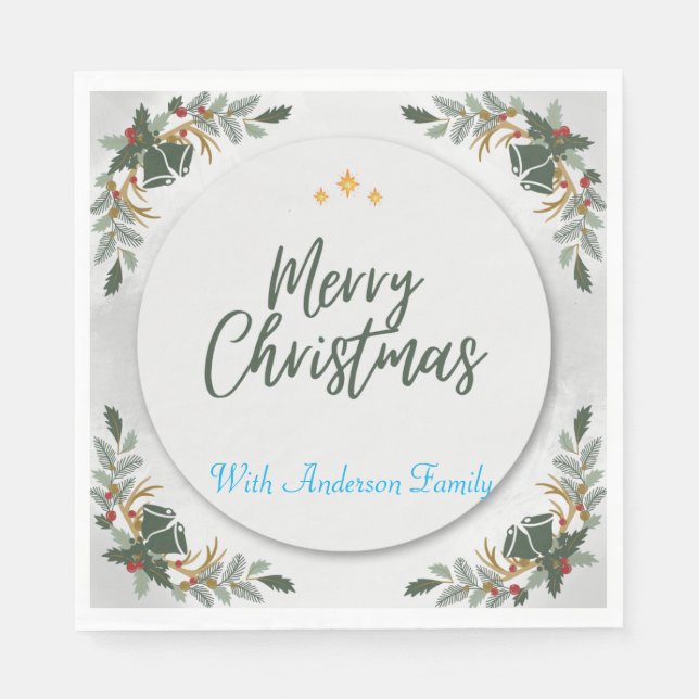 BOHO GREEN CHRISTMAS COCKTAIL PARTY PEROSANLISED  NAPKIN (Front)