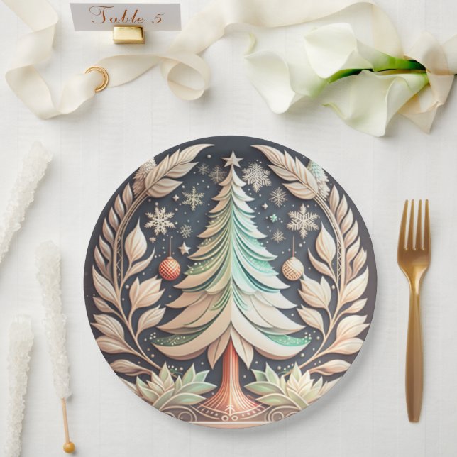 Boho Green Christmas Tree Illustration  Paper Plate (Wedding)