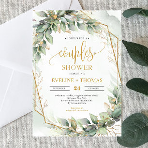 Boho green eucalyptus gold glitter couples shower invitation