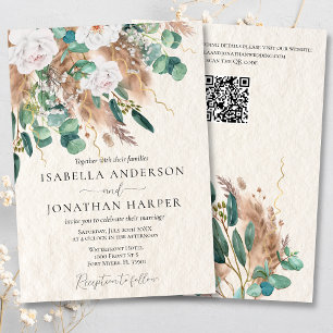 Boho Green Eucalyptus Pampas Grass QR Code Wedding Invitation