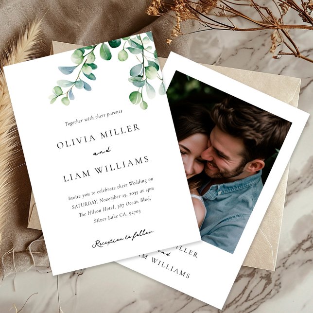 Boho Green Eucalyptus Photo Wedding Invitation (Creator Uploaded)