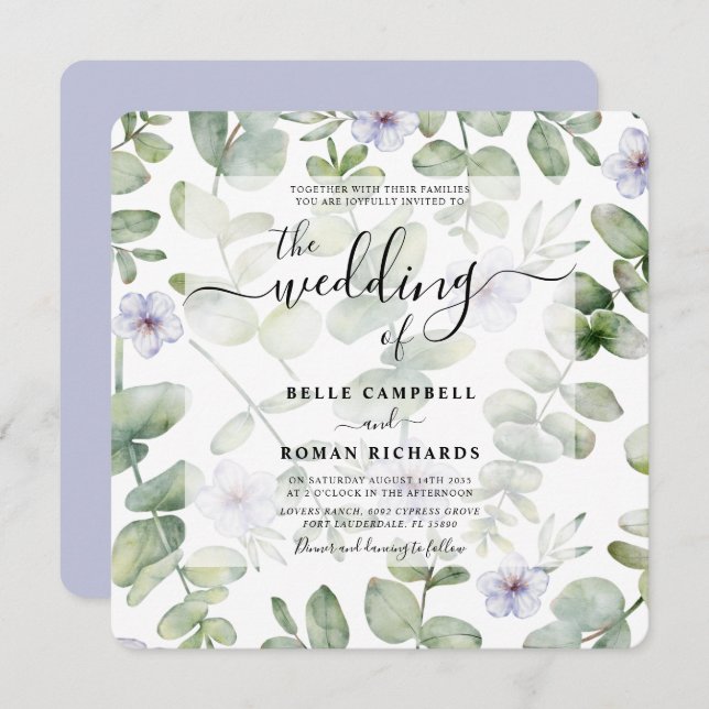 Boho Green Eucalyptus & Purple Floral Wedding  Invitation (Front/Back)