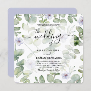 Boho Green Eucalyptus & Purple Floral Wedding Invitation