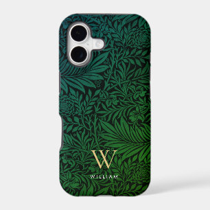 Boho Green Floral Gold Monogram Name
