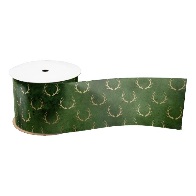 Boho Green Gold Antlers Christmas Satin Ribbon (Spool)