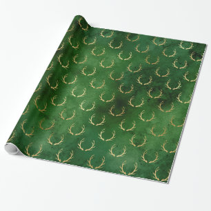 Boho Green Gold Antlers Christmas Wrapping Paper