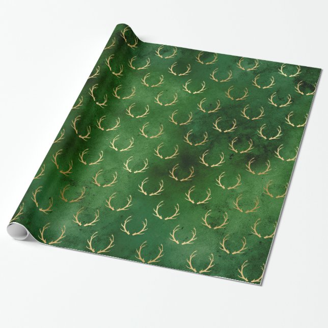 Boho Green Gold Antlers Christmas Wrapping Paper (Unrolled)