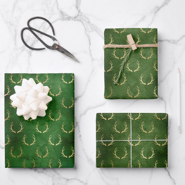 Boho Green Gold Antlers Christmas Wrapping Paper Sheet (Front)