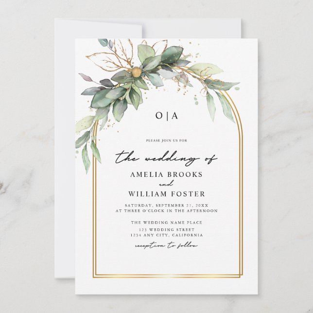 Boho Green & Gold Eucalyptus Monogram Wedding Invitation (Front)