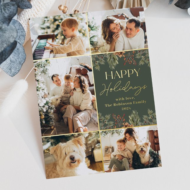 Boho Green Gold Foil 5 Photo Happy Holidays Card (Creator Uploaded)