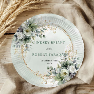 Boho Green Gold Personalised Eucalyptus Wedding Paper Plate