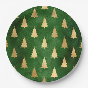 Boho Green Gold Trees Christmas Paper Plate