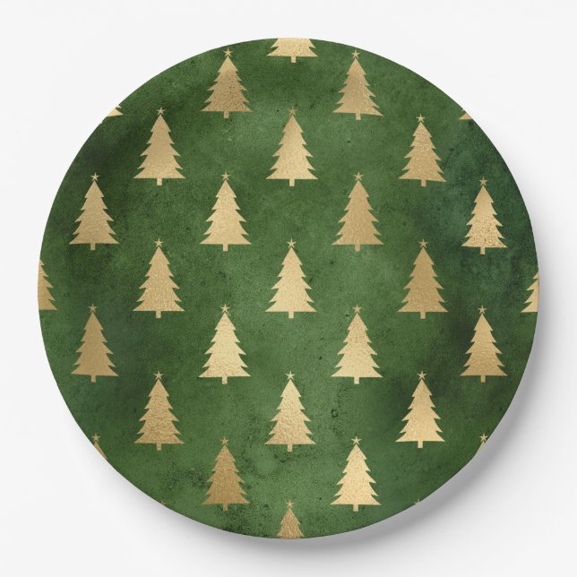 Boho Green Gold Trees Christmas Paper Plate (Front)