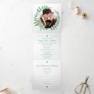 Boho Green Leaf Mint Green Ash Wreath Wedding Tri-Fold Invitation