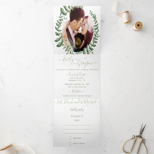 Boho Green Leaf Olive Green Ash Wreath Wedding Tri-Fold Invitation (Inside)