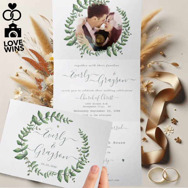 Boho Green Leaf Olive Green Ash Wreath Wedding Tri Tri-Fold Invitation (Creator Uploaded)