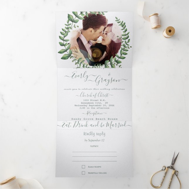 Boho Green Leaf Olive Green Ash Wreath Wedding Tri Tri-Fold Invitation (Inside)
