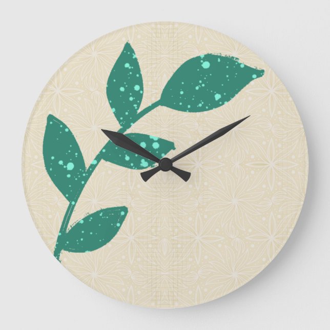 Boho Green Leaf on Cream Floral Wall Clock (Front)