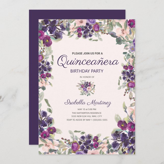 Boho Green Leaves Purple Pink Floral Quinceañera Invitation (Front/Back)