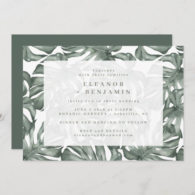 Boho Green Monstera Leaves Trendy All In One Invitation (Front/Back)