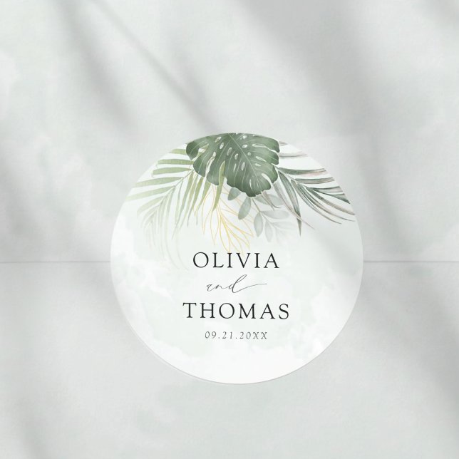 Boho Green Palms Coastal Wedding Classic Round Sticker (Creator Uploaded)