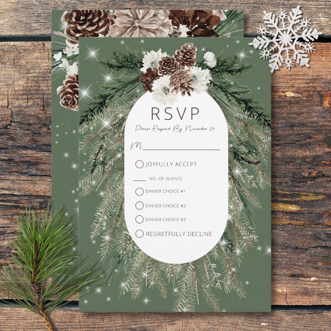 Boho Green Pine Winter Sparkle Three Dinner RSVP Card (Boho Green Pine Winter Sparkle Three Dinner RSVP Card)
