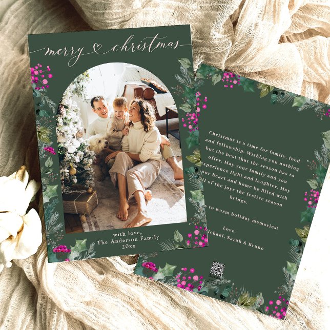 Boho Green Pink Foliage Photo Christmas Card (Creator Uploaded)