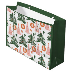 Boho Green Pink Orange Christmas Trees Large Gift Bag