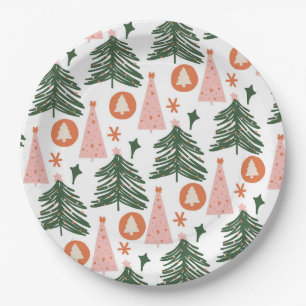 Boho Green Pink Orange Christmas Trees  Paper Plate