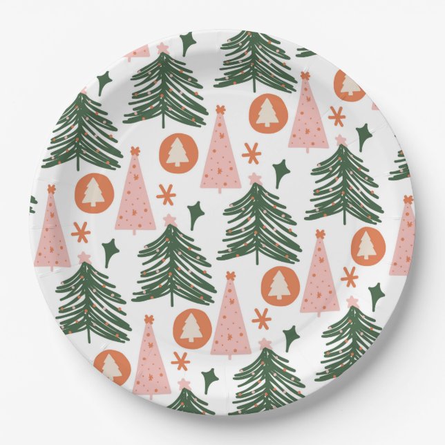 Boho Green Pink Orange Christmas Trees  Paper Plate (Front)